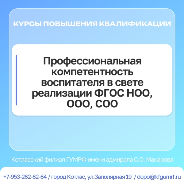 Курсы повышения квалификации: «Профессиональная компетентность воспитателя в свете реализации ФГОС НОО, ООО, СОО»