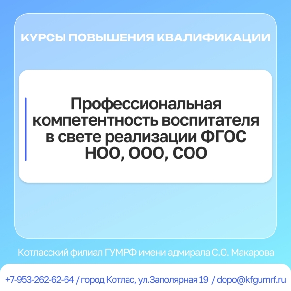 Курсы повышения квалификации: «Профессиональная компетентность воспитателя в свете реализации ФГОС НОО, ООО, СОО»